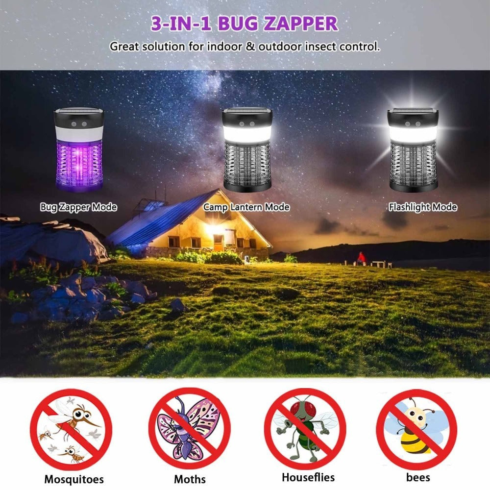 Solar Bug Zapper Electric 3-in-1 ¨C 3000V UV 365nm Mosquito Killer Rechargeable Insect Fly Trap with White Light & Flashlight, 2100 Sq Ft Coverage for Indoor Outdoor Home Patio Backyard Camping ¨C Black
