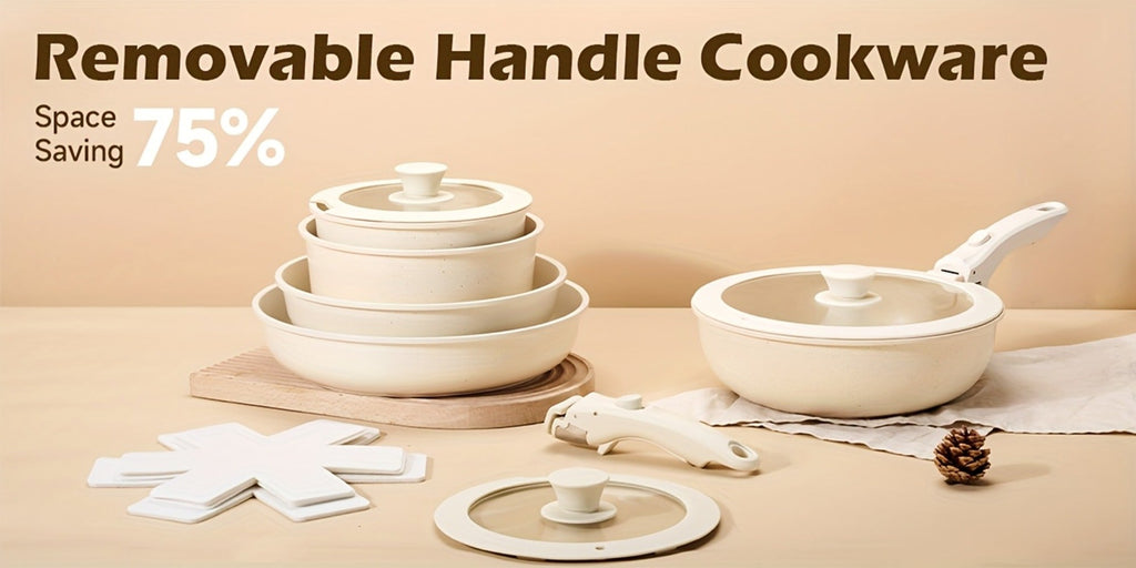 Detachable Handle Cookware Set 16 & 26 Piece Non-Stick PFOA-Free ¨C Stackable Space-Saving Pots and Pans | Oven Safe 480¡ãF Induction Compatible | RV Camping Kitchen Cooking Set in Black & Beige