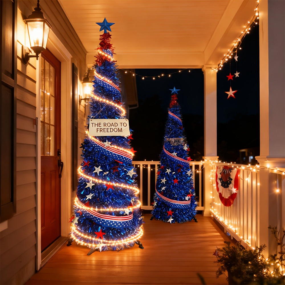 4th of July Decorative Tree 5ft LED Light, Foldable Patriotic Stars & Stripes Blue Christmas Tree with Red White Blue LED String Lights, Independence Day Party Decoration & Summer Gift