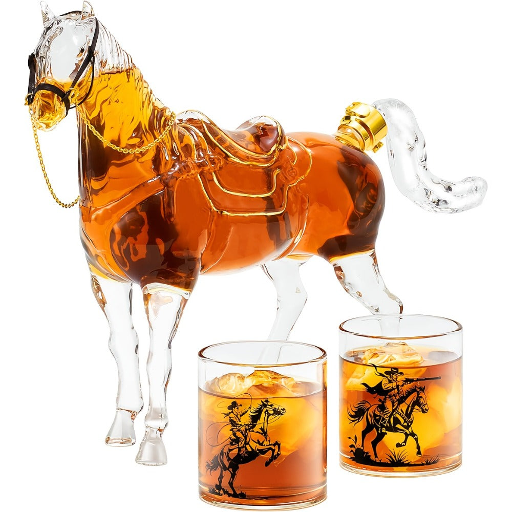Horse Whiskey Decanter Set with 2 Cowboy Glasses ¨C Western Bar Gift for Men, Bourbon Vodka Liquor Dispenser, Cowboy Style Home Bar Decanter