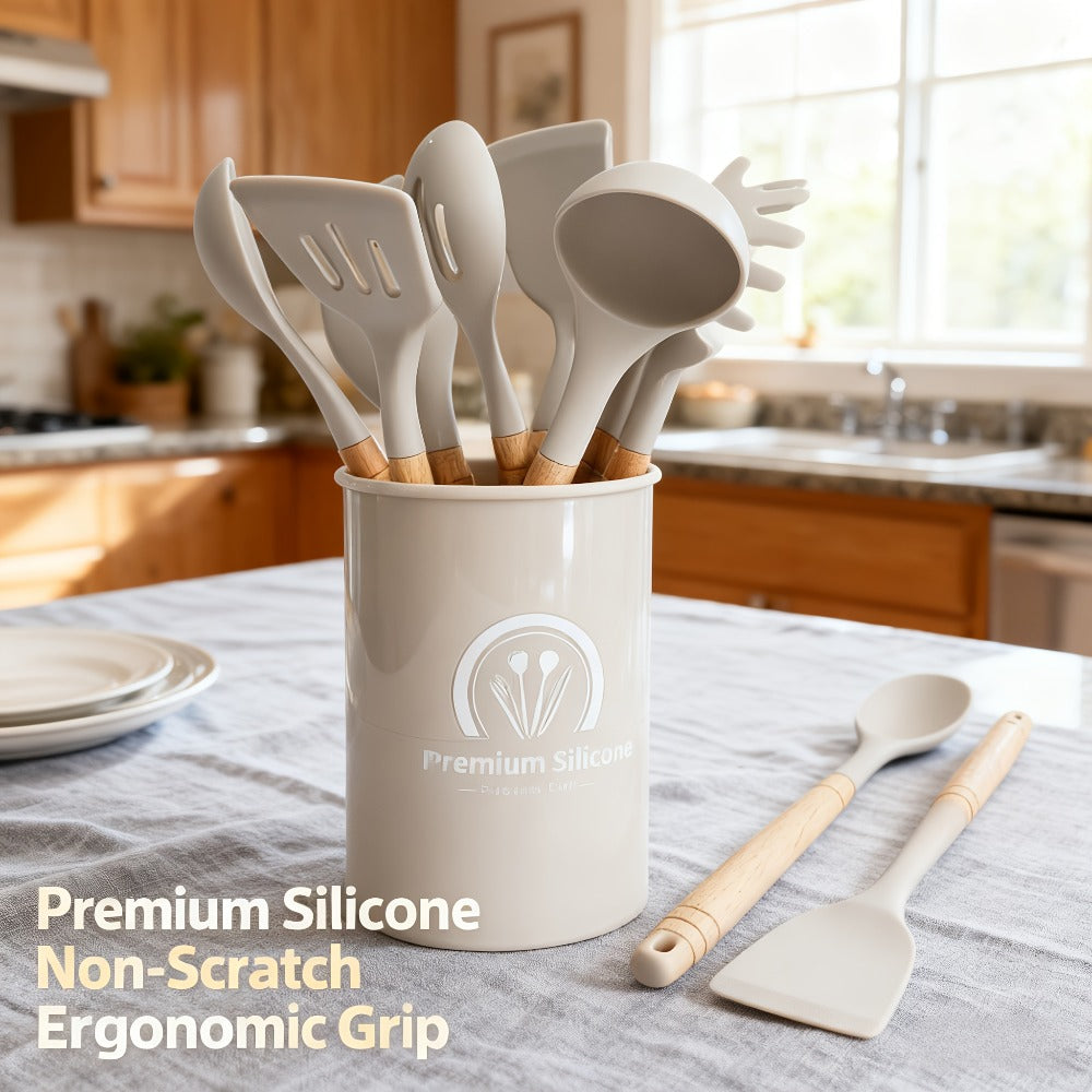 Silicone Kitchen Utensil Set 12PCS with Wooden Handle - Heat Resistant Non-Stick Safe Cooking Spatula Spoon Turner Tongs Brush with Holder for Home Restaurant Gift