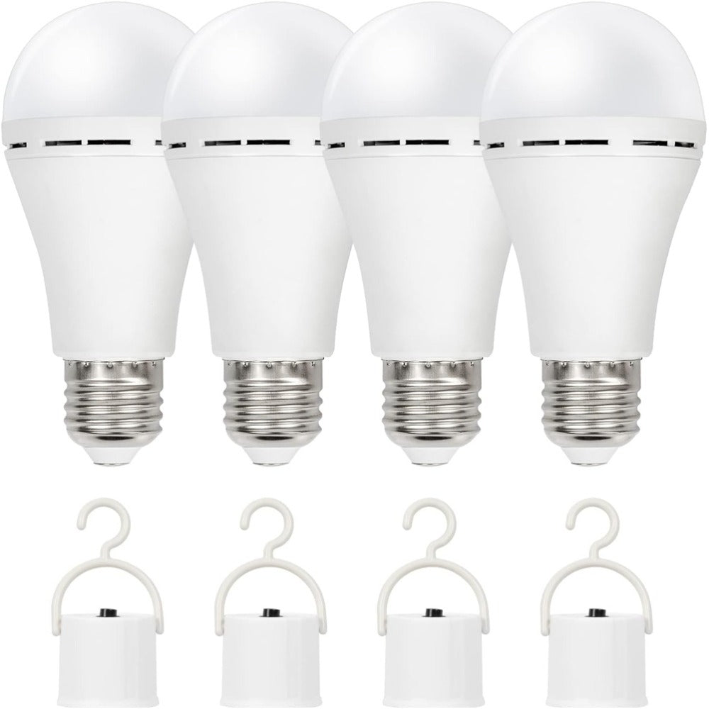 Rechargeable Emergency LED Light Bulb 12W 6500K 2000mAh with Polished Metal Finish ¨C Spherical Design Half-Flip Installation Backup Battery Bulb for Camping Hiking Indoor Outdoor Power Outage, 4 Pack