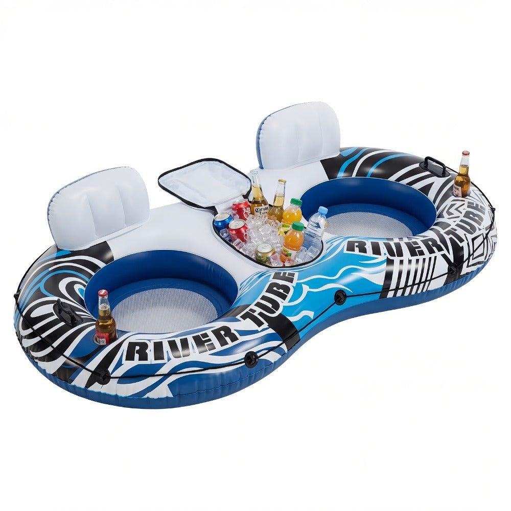 Inflatable Pool Float Bed with Detachable Cooler ¨C Heavy Duty Double Adult Lounge Raft with Cup Holders for Swimming Pool, River & Lake, Durable Blow Up Water Lounger Chair, Blue & Green / Blue & White