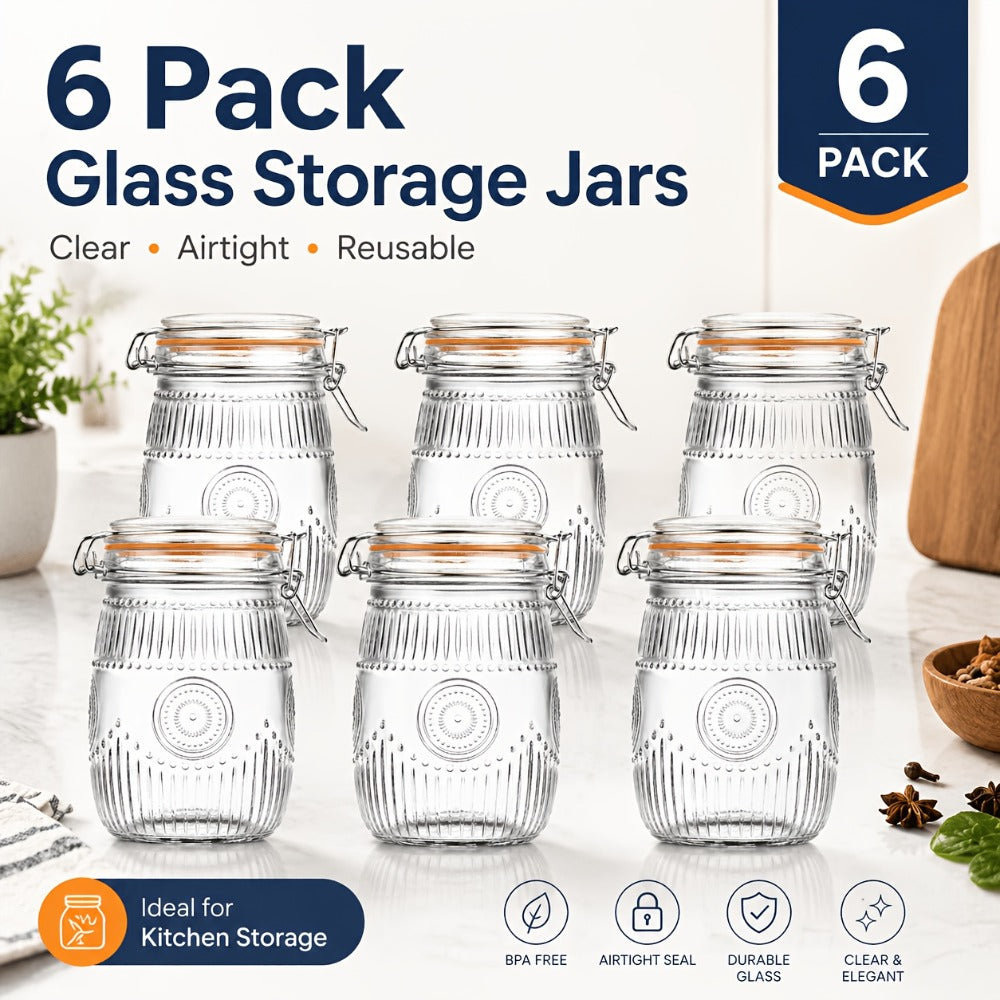Mason Jars 6 Pack 32oz Wide Mouth Airtight Glass Canister Set with Hinged Lids Vintage Sunflower Pattern Kitchen Storage Jars for Coffee Sugar Beans Spices Dry Goods Pantry Organization