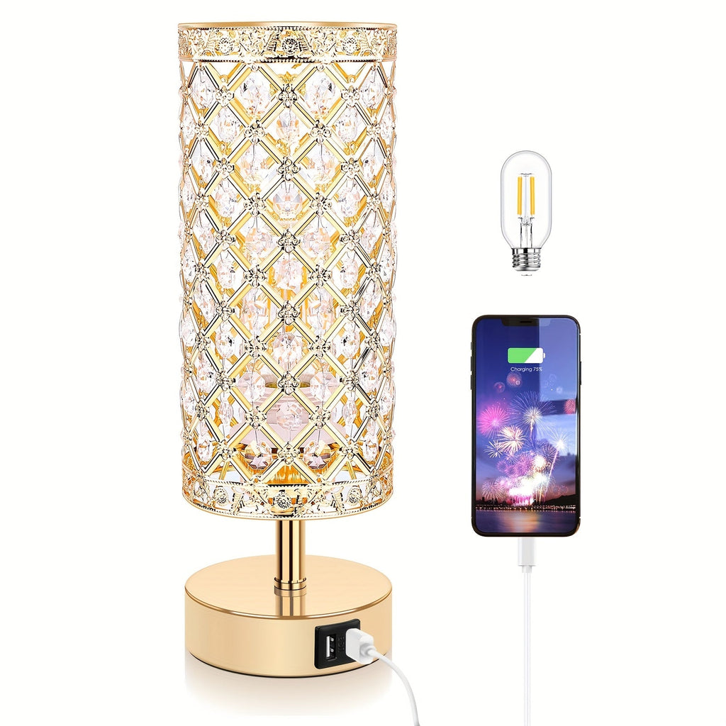 Crystal Bedside Table Lamp with Touch Control & 2 USB Charging Ports, 3-Way Dimmable Nightstand Lamp with Decorative Crystal Base, LED Bulb Included, for Bedroom Living Room Office