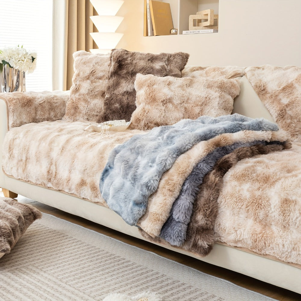 Plush Sofa Cover Faux Lamb Thick Fluffy Couch Slipcover Pet Friendly Machine Washable Gradient Color Polyester Furniture Protector for Armchair Single Double Triple Sofa Living Room Home Decor