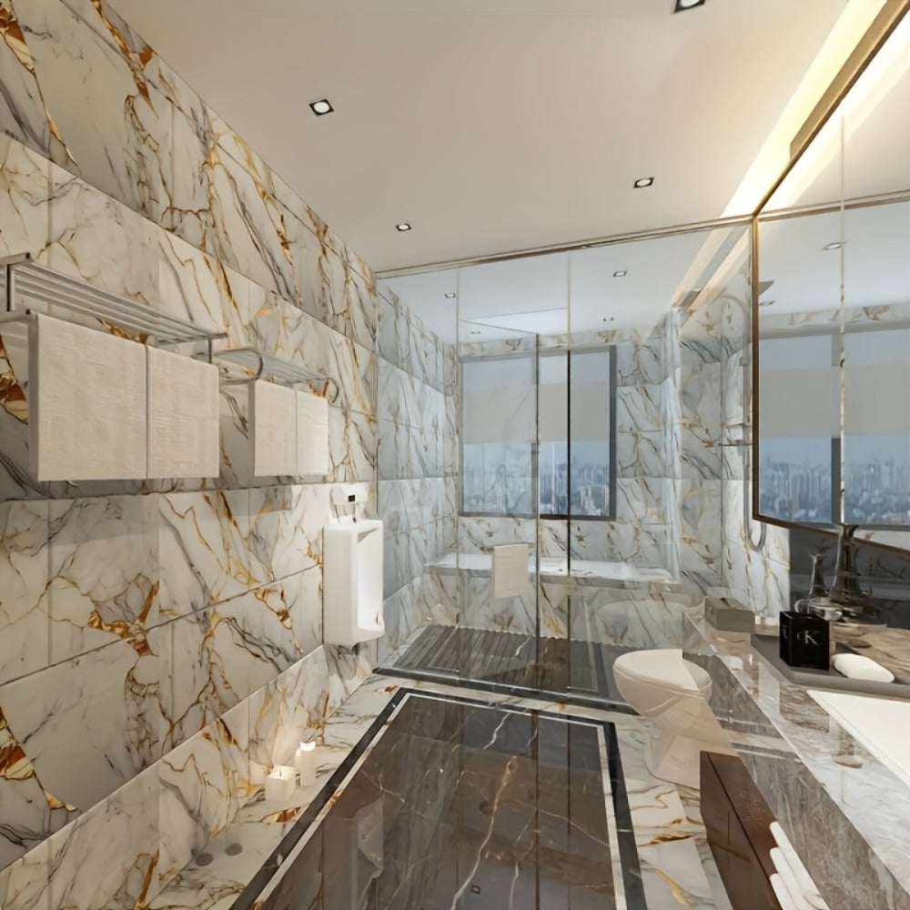 Peel and Stick Wall Tiles 50/100pcs - Waterproof PVC Marble Self-Adhesive Vinyl Panels for Bathroom Shower Kitchen Living Room TV Backdrop, Modern Wall Decor Easy Installation No Grout Required