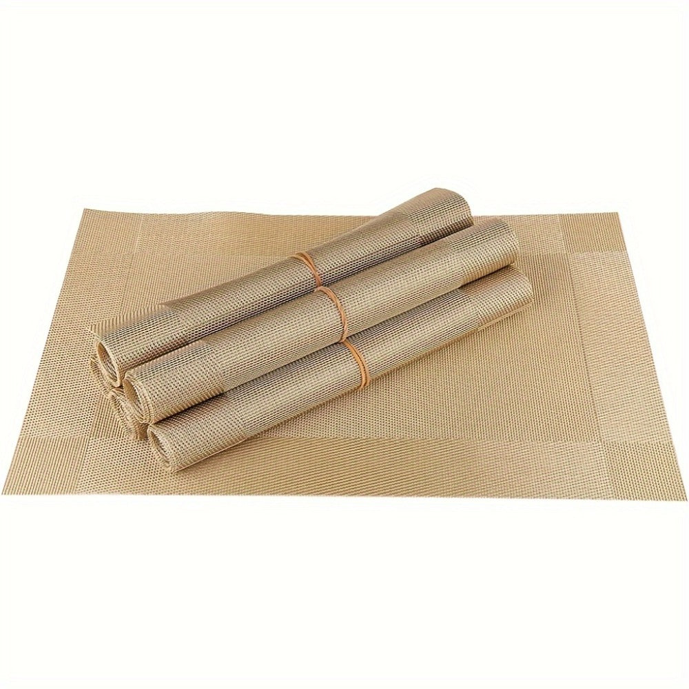 PVC Placemats Set of 6 Heat Resistant Non-Slip Washable Table Mats for Kitchen Dining Table, Easy Clean Vinyl Dinner Mats 11.8x17.7 Inch (Golden, Brown, Silver)