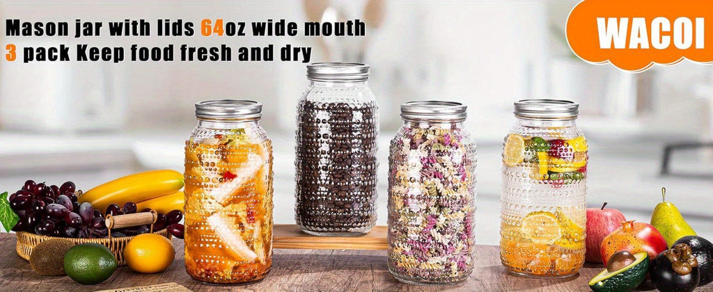Mason Jars 64oz Wide Mouth with Lids 3 Pack Large Glass Canning Jars Airtight for Food Storage Meal Prep Pickling Salad Jam Centerpieces Vase Kitchen Pantry