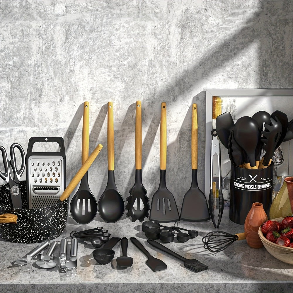 Silicone Kitchen Utensils Set 45pcs ¨C Cooking Utensils for Nonstick Cookware, Stainless Steel Handle Spatulas, Heat Resistant Kitchen Gadgets & Tools, Pots and Pans Accessories, Black