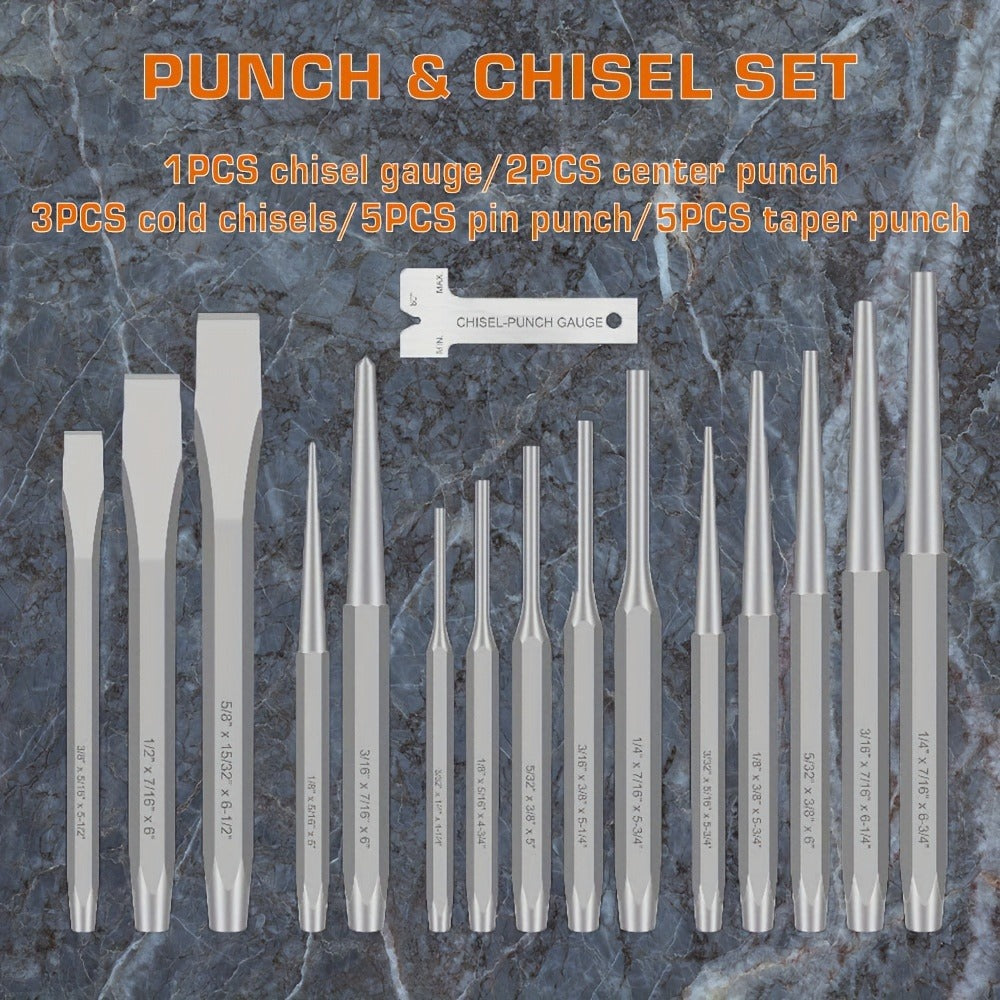 Punch and Chisel Set 16pcs Cr-V Steel with Taper Punch Cold Chisels Pin & Center Punches Fabric Storage Case Heavy-Duty Non-Electric Hand Tool Kit for Metalworking Woodworking Automotive DIY