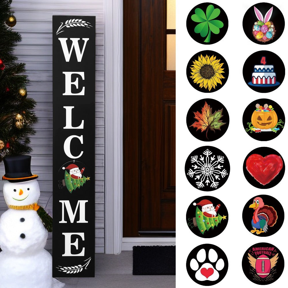Porch Sign with 12 Interchangeable Seasonal Icons 47 Inch Tall - Welcome Sign for Front Door, Wind Resistant Leaner Board for Patio Yard Farmhouse Entryway, 4th of July Independence Day Decor
