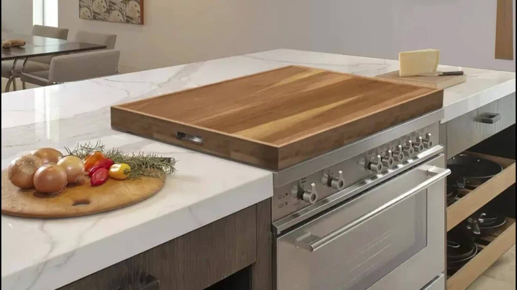 Acacia Wood Stove Top Cover Board 30x22 Inch, Gas Stove Cover with Handle Groove & Ventilation Holes, Extra Counter Space Cutting Board Serving Tray for Kitchen RV Camper, Multifunctional Charcuterie Board