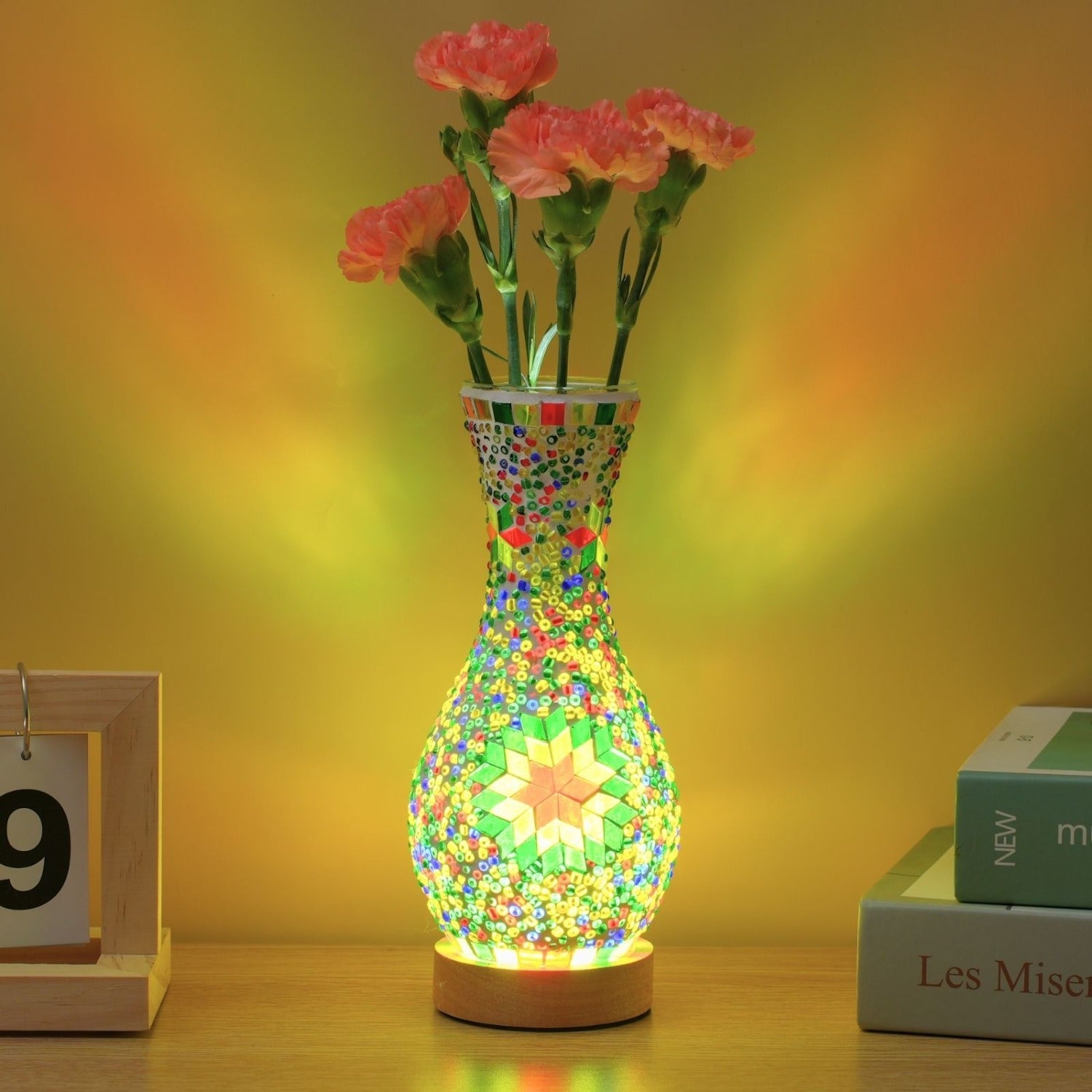 Mosaic Vase Lamp Turkish Moroccan Handmade Colorful Glass Table Lamp with Wooden Base ¨C USB Plug-In Boho Night Light, Flower Vase Lamp for Bedroom Living Room Decor, Bohemian Mosaic Desk Lamp Gift