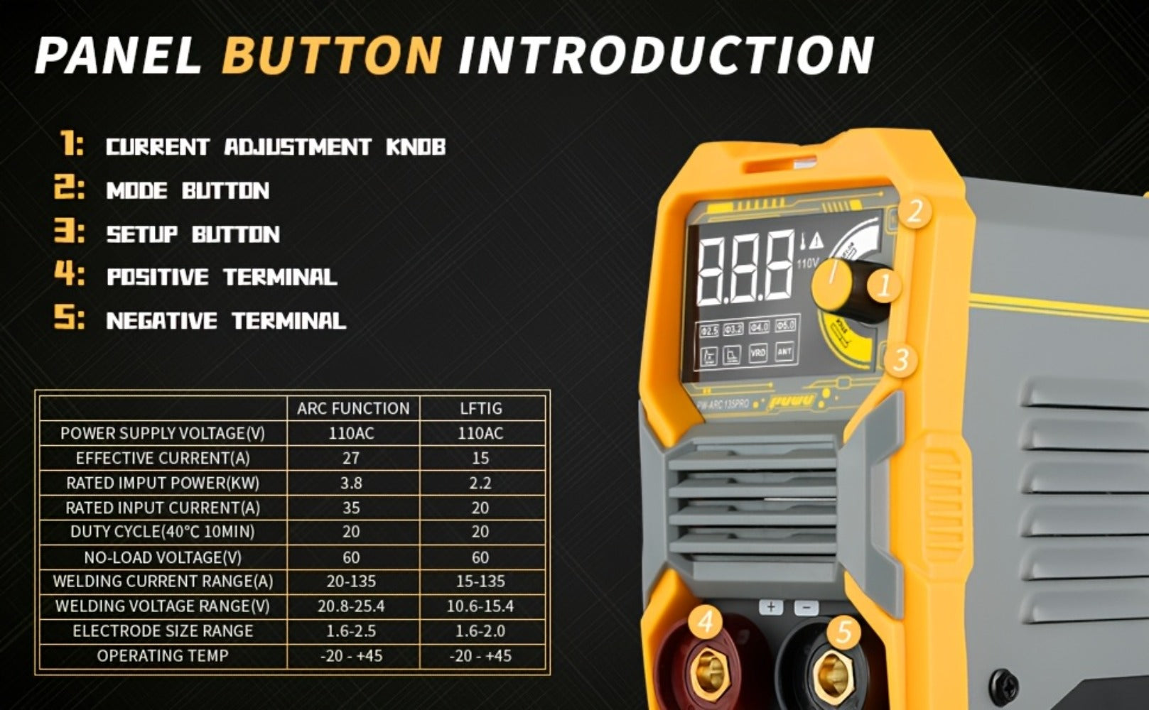 135A 110V MMA Arc Welder Stick Lift TIG 2-in-1 DC Inverter Welder LCD Digital Display Hot Start Thermal Protection Portable Welding Machine