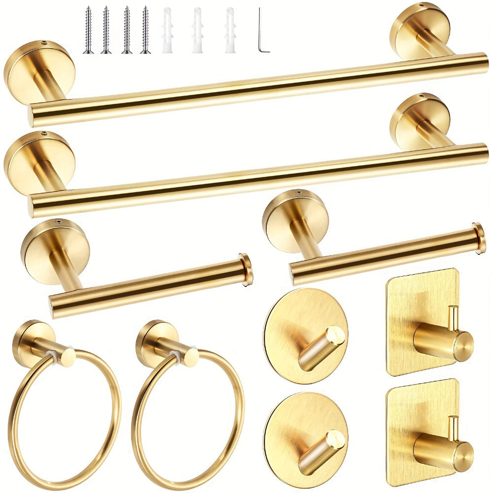 10-Piece Bathroom Hardware Set SUS304 Stainless Steel Wall Mounted Towel Bar Toilet Paper Holder Robe Hooks Gold Black