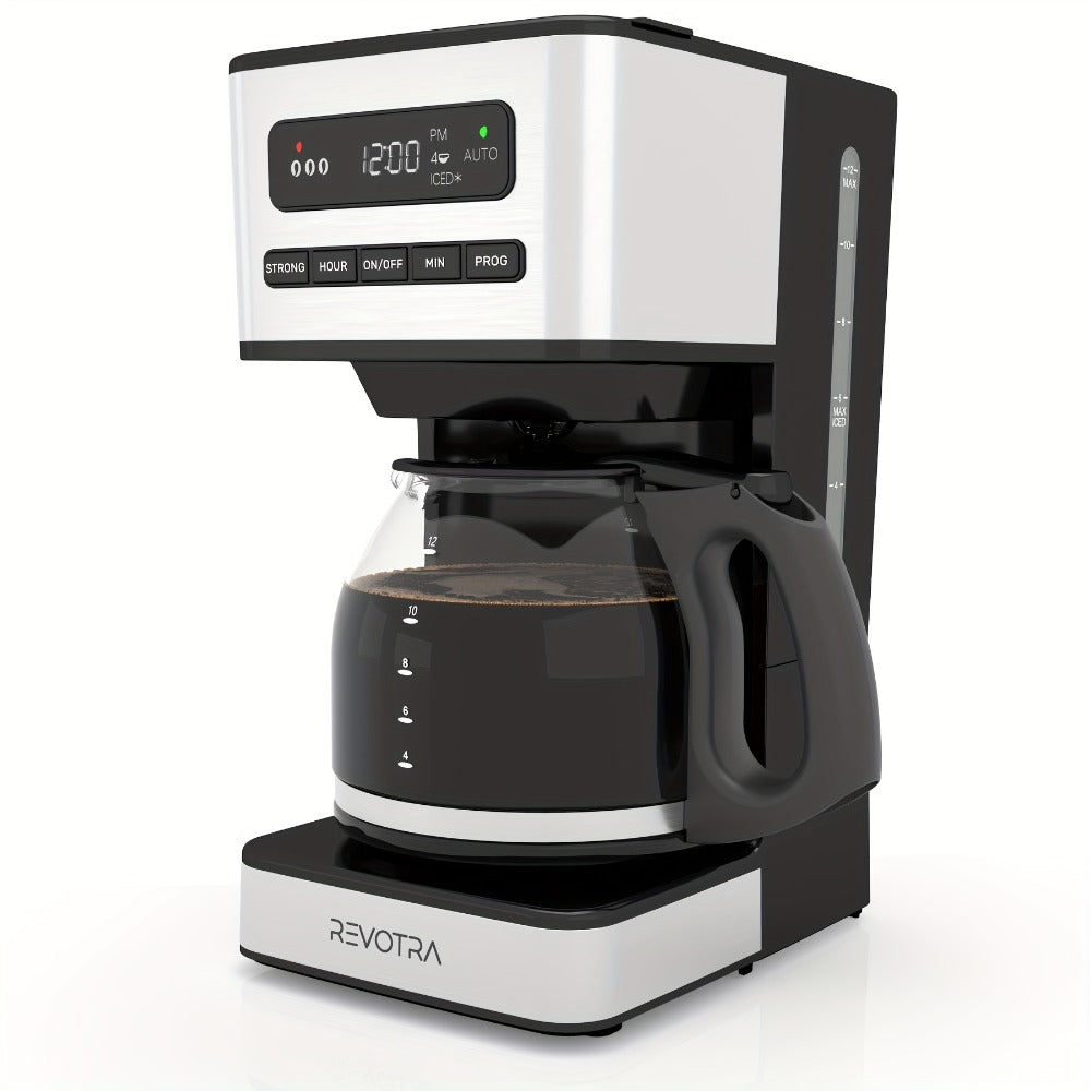12-Cup Programmable Drip Coffee Maker, Regular & Strong Brew, Iced Coffee Setting, 1-4 Cup Mode, 24H Timer, Auto Shut-Off, Keep Warm, Pause & Serve, Black
