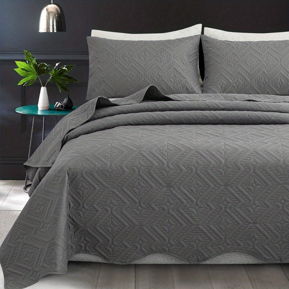 Bedspread Set 3 Piece Striped Rhombus Pattern Soft Breathable Bed Cover with 2 Pillowcases Lightweight Comforter Alternative Bedding Set for Bedroom Dorm Room