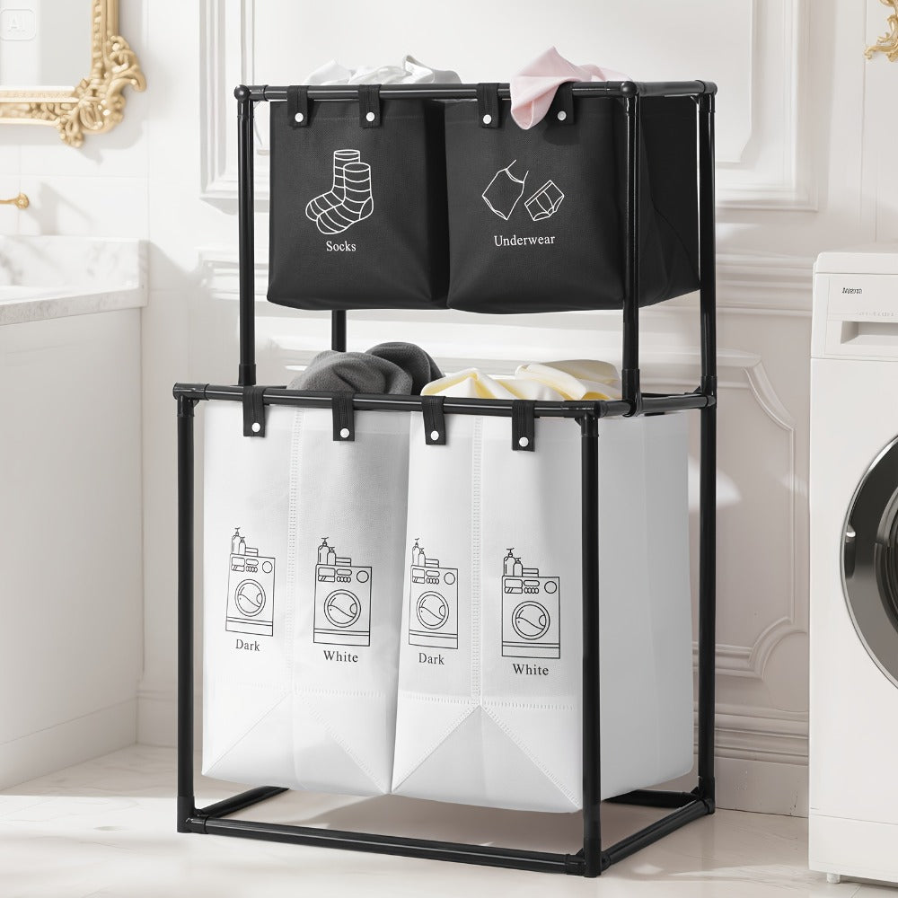Laundry Sorter 2-Tier with Removable Bins - Collapsible Clothes Hamper Oxford Fabric Double Laundry Basket for Bedroom Bathroom Kids Adults Dorm Travel with 10 Cable Ties