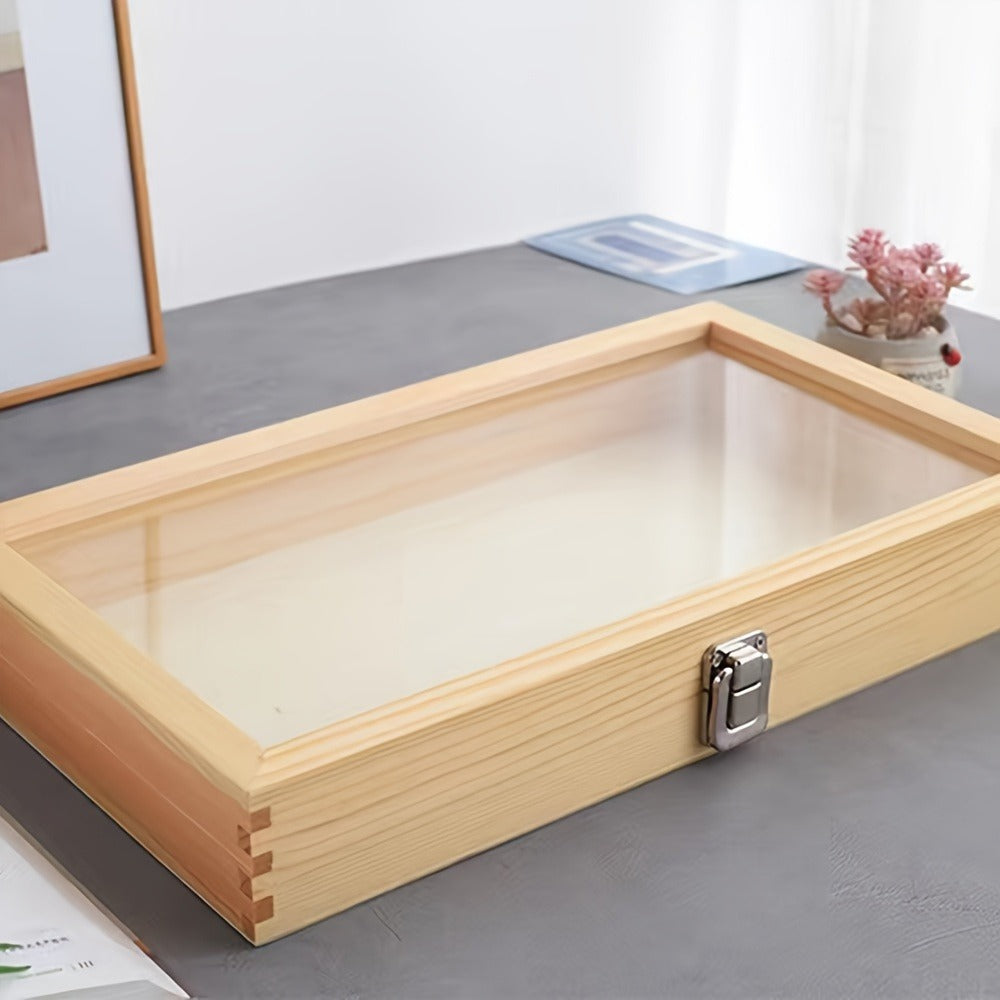 Wooden Display Cabinet with Transparent Lid ¨C Lockable Rectangular Storage Box for Collectibles, Jewelry, Souvenirs & Memorabilia ¨C Sturdy Wood with Secure Metal Latch