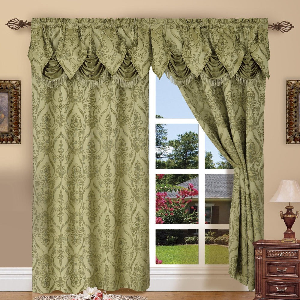 Jacquard Curtain Panels 2-Piece Set 54x84 Inch with Attached Waterfall Valance - Rod Pocket Room Darkening Luxury Window Curtains, Machine Washable, 9 Colors for Living Room Bedroom & Home Office