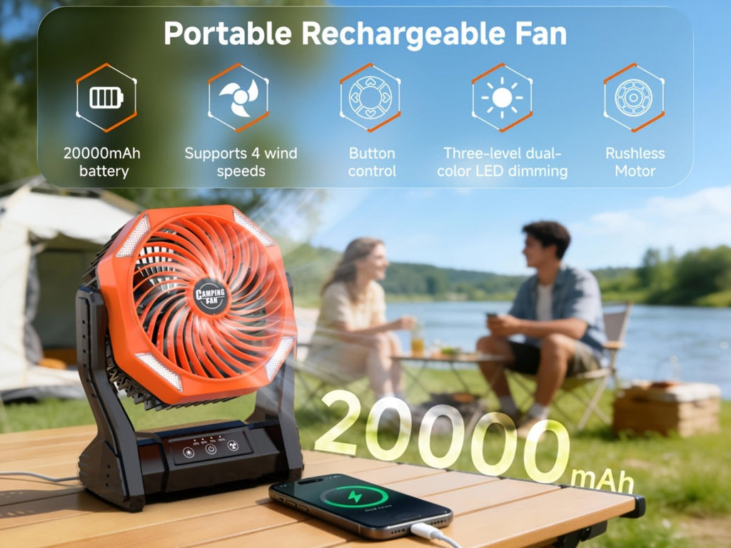Camping Fan 20000mAh with LED Light and Brushless Motor, 4-Speed 180¡ã Oscillating Portable Outdoor Fan, 22-26H Long Runtime Anti-Slip Base, 3-in-1 Table Fan for Camping, Hiking, Picnic and Emergency
