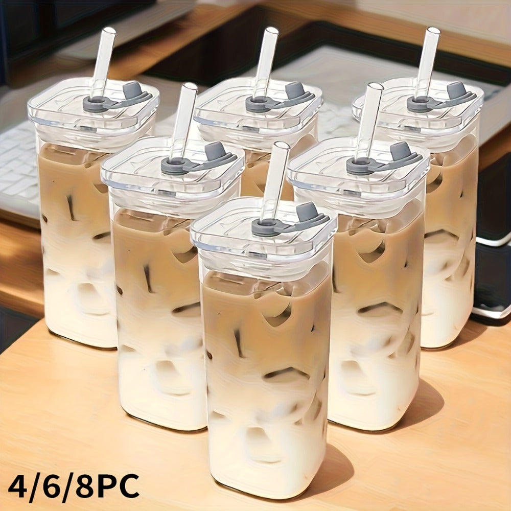 Square Glass Cups with Lids and Straws Set - 13oz BPA-Free Coffee Drinking Glasses for Home Office Outdoor