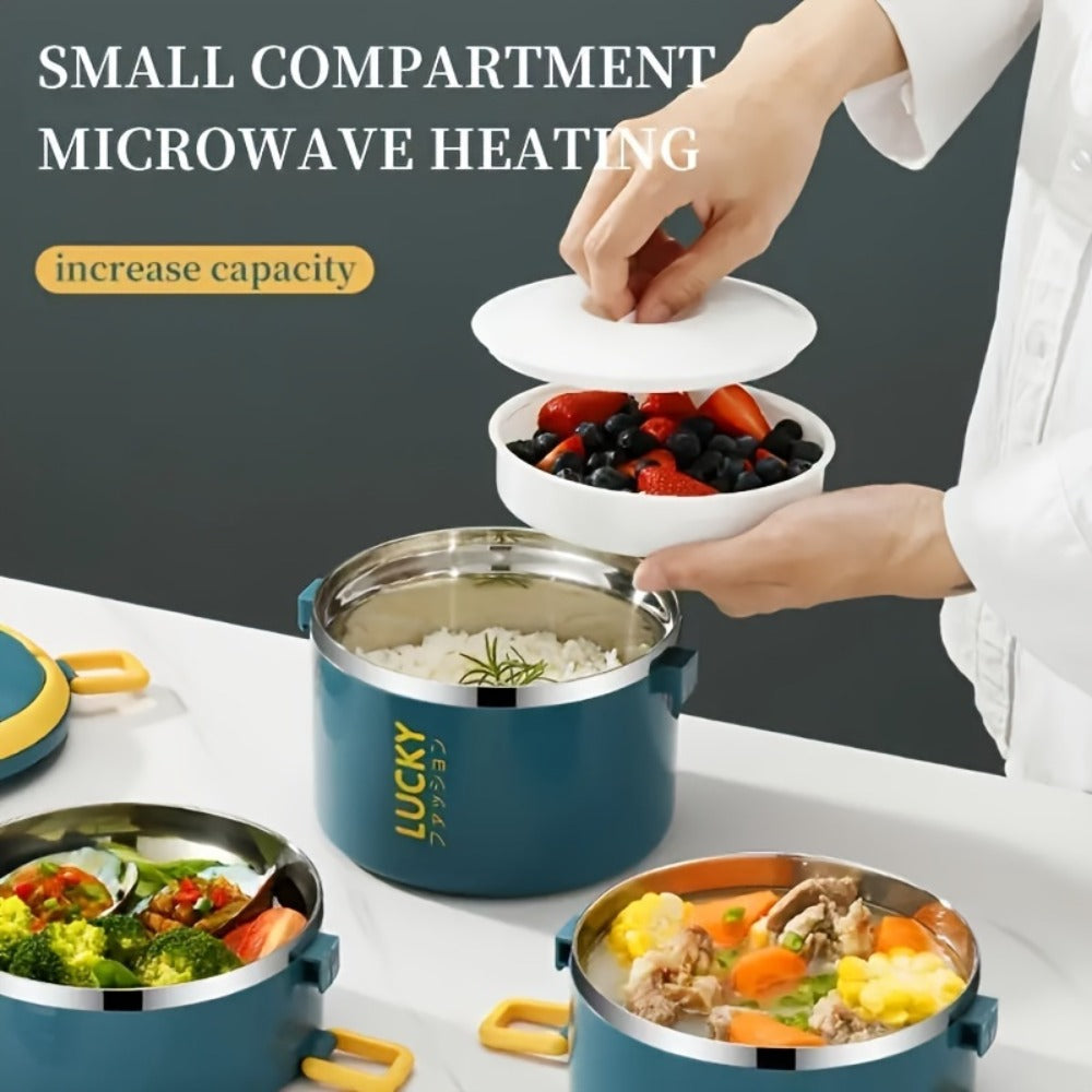 Insulated Lunch Box Set Stainless Steel - Large Capacity Leak Proof Bento Container with Thermal Bag and Cutlery, Microwave Safe Reusable Portable Lunch Box for School Picnic Camping Teens and Workers, Available in Blue and White