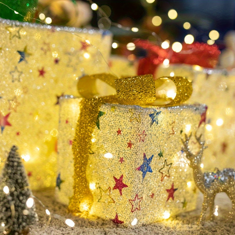 Christmas Gift Box Lamp 3pcs - Transparent Light Box with LED String Lights, Strap & Handle, Holiday Home Decoration, Birthday Party Decor, Manual Assembly