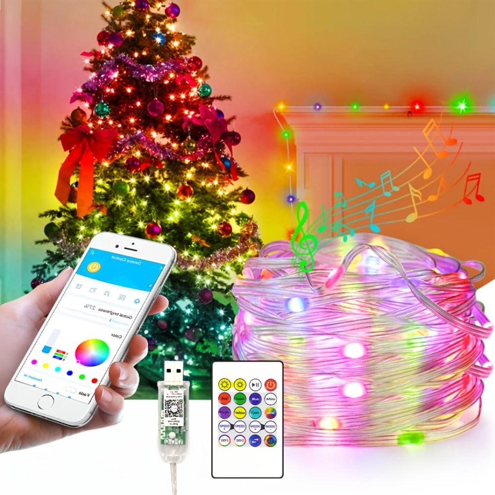 RGB Smart Fairy String Lights with App & Remote Control, Music Sync, IP65 Waterproof, USB Powered Multicolor LED String Lights for Bedroom, Outdoor, Christmas, Party, Wedding Decoration