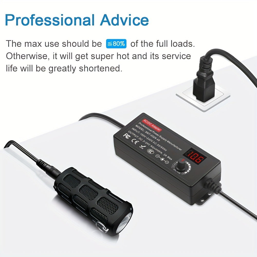 AC to DC Power Adapter 48W Adjustable 4-24V - LCD Voltage Display, Knob Control, 15 Interchangeable Tips & Polarity Converter, Overvoltage & Short Circuit Protection, 100-240V Universal Input
