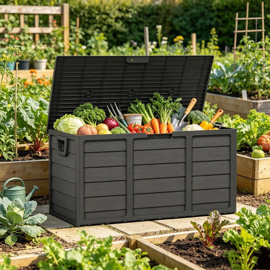 75 Gallon Outdoor Storage Box Deck Box with Handles | Large Waterproof Lockable Cabinet for Pool Accessories, Garden Tools & Camping Gear ¨C Easy Assembly Yard Storage Bin, Pure Black