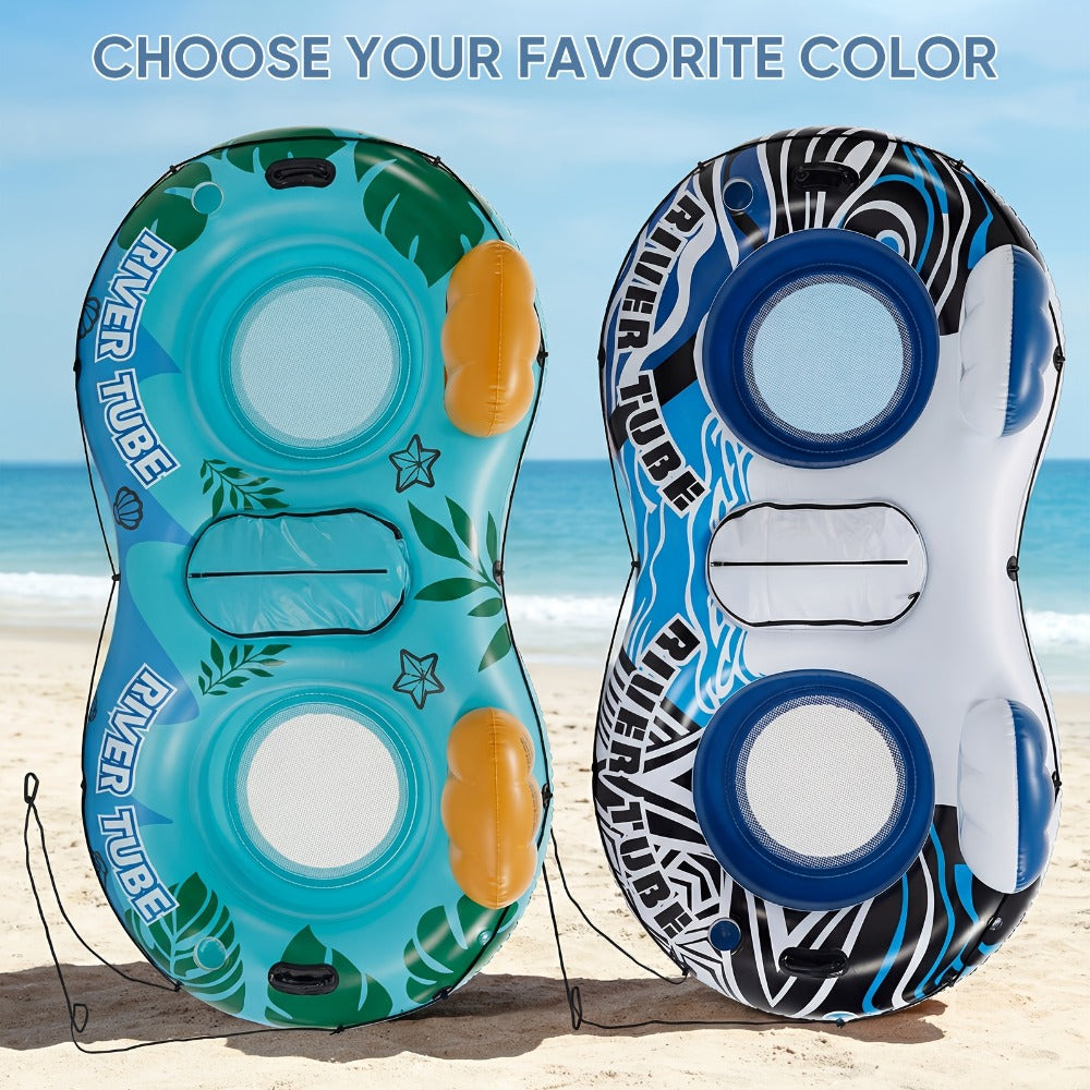 Inflatable Pool Float Bed with Detachable Cooler ¨C Heavy Duty Double Adult Lounge Raft with Cup Holders for Swimming Pool, River & Lake, Durable Blow Up Water Lounger Chair, Blue & Green / Blue & White