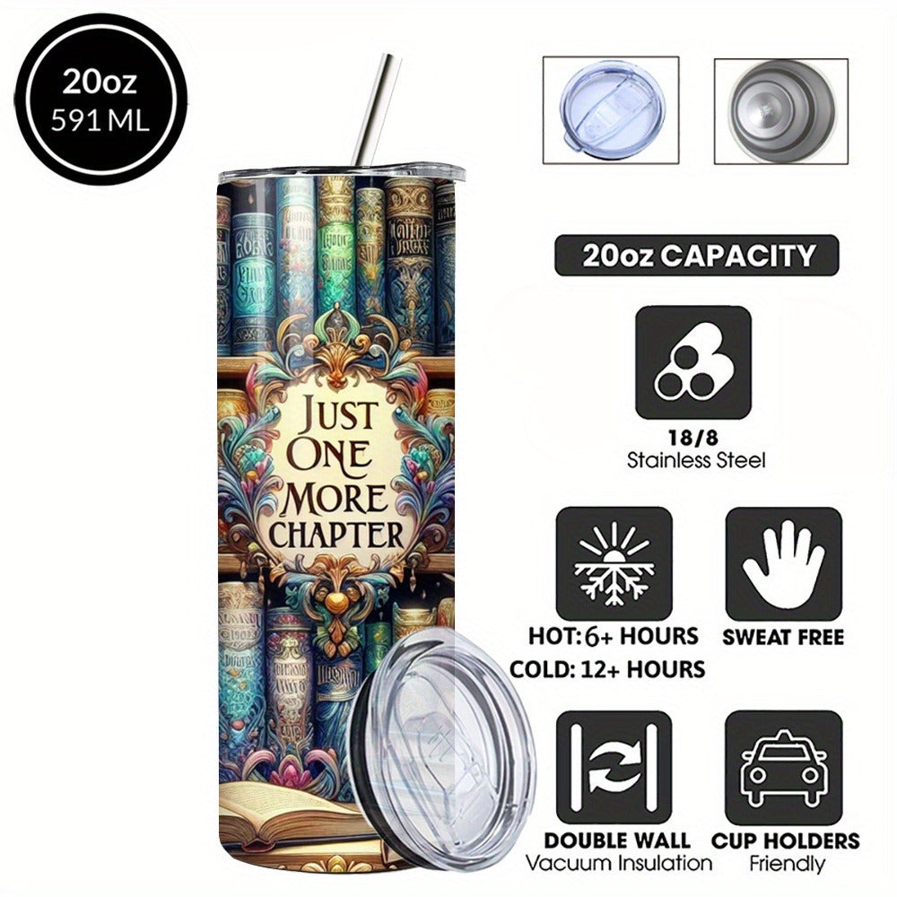 Vintage Bookshelf Insulated Tumbler 20oz - Stainless Steel Travel Mug with Lid & Straw Hot Cold Drinks Coffee Cup Camping Drinkware Gift for Book Lovers (Multicolored)