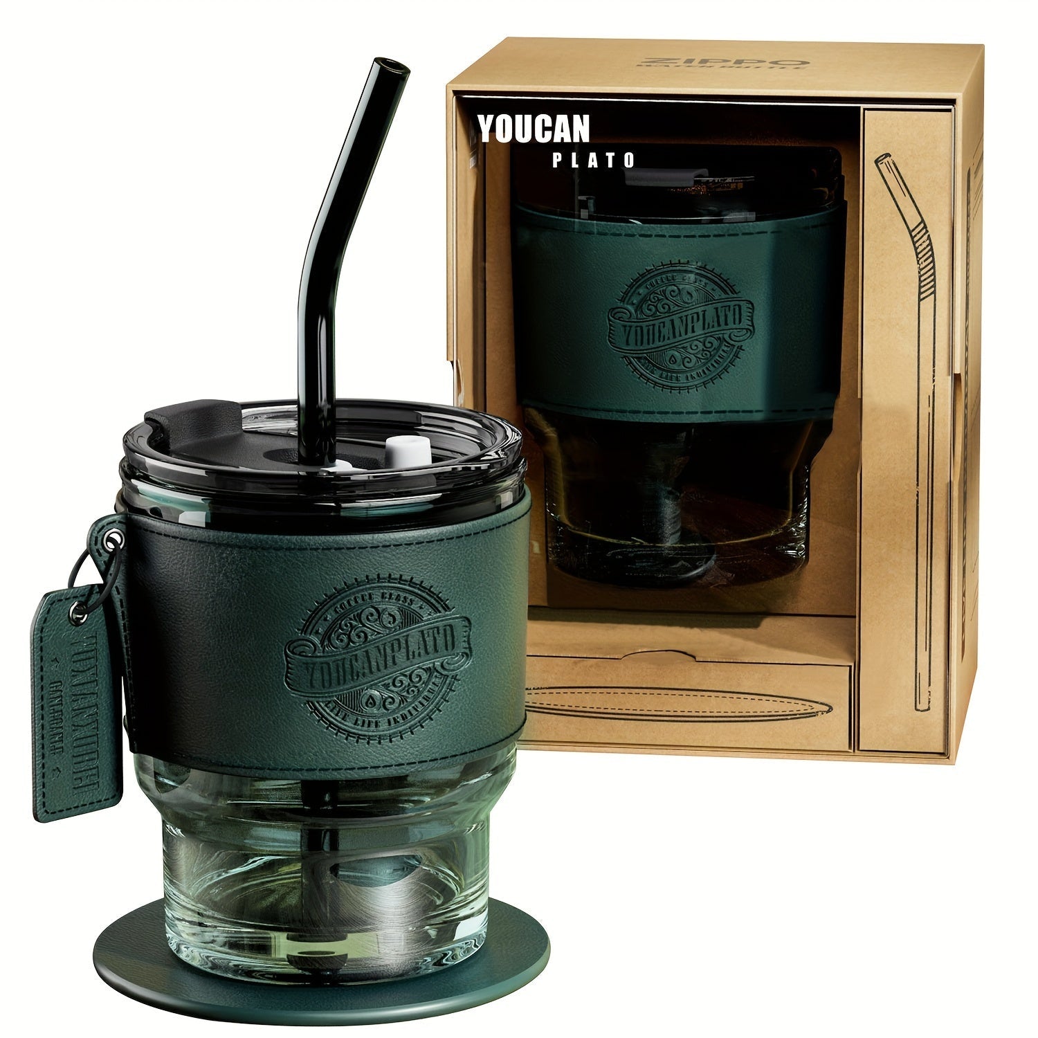 Glass Coffee Cup with Straw 14 Oz ¨C BPA-Free Glass Travel Mug & Water Bottle for Men & Women ¨C Tumbler for Coffee, Juice & Office Use ¨C Easy to Clean ¨C Brown & Dark Green