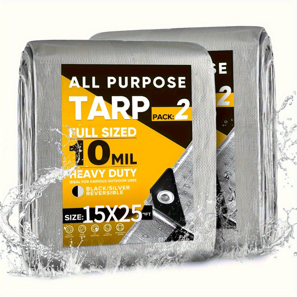Heavy Duty Waterproof Tarp 2-Pack 10Mil 150GSM Black Silver ¨C Tear-Proof Polyethylene Cover with Reinforced Grommets for Roof Pool Boat Car Camping & Outdoor