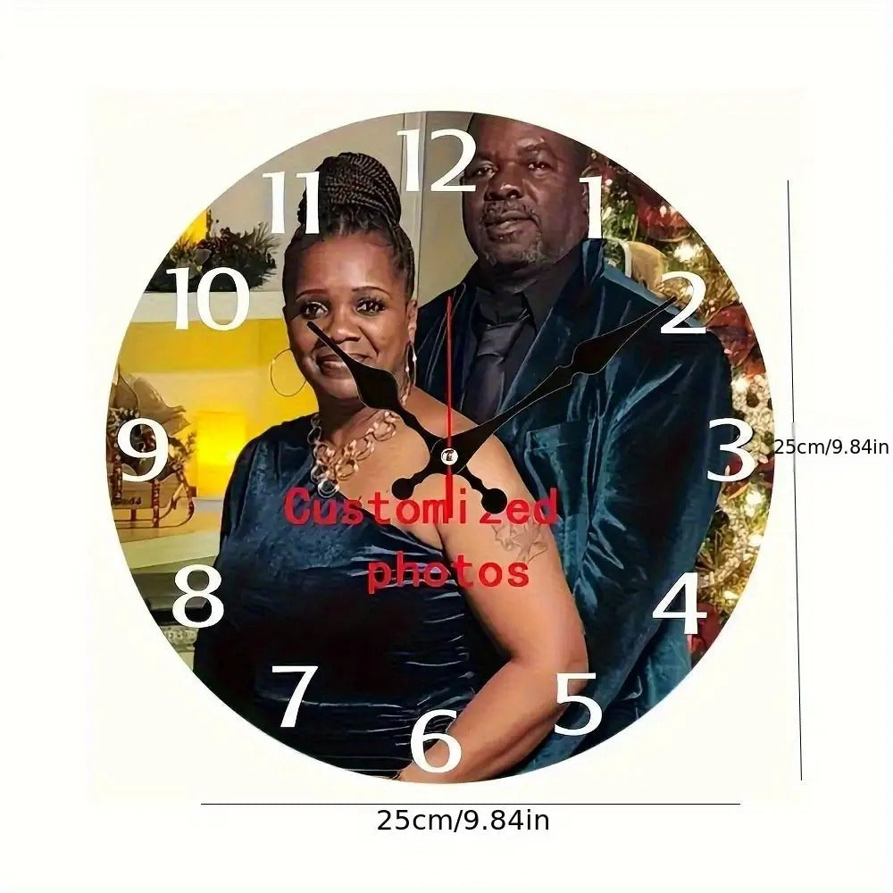 Personalized Custom Photo Wall Clock - Round Wood Silent Clock with Custom Text & Family Name, Self-Assembly, Battery Operated, Unique Mother's Day Gift for Parents, Home Room Decor, 10in 12in