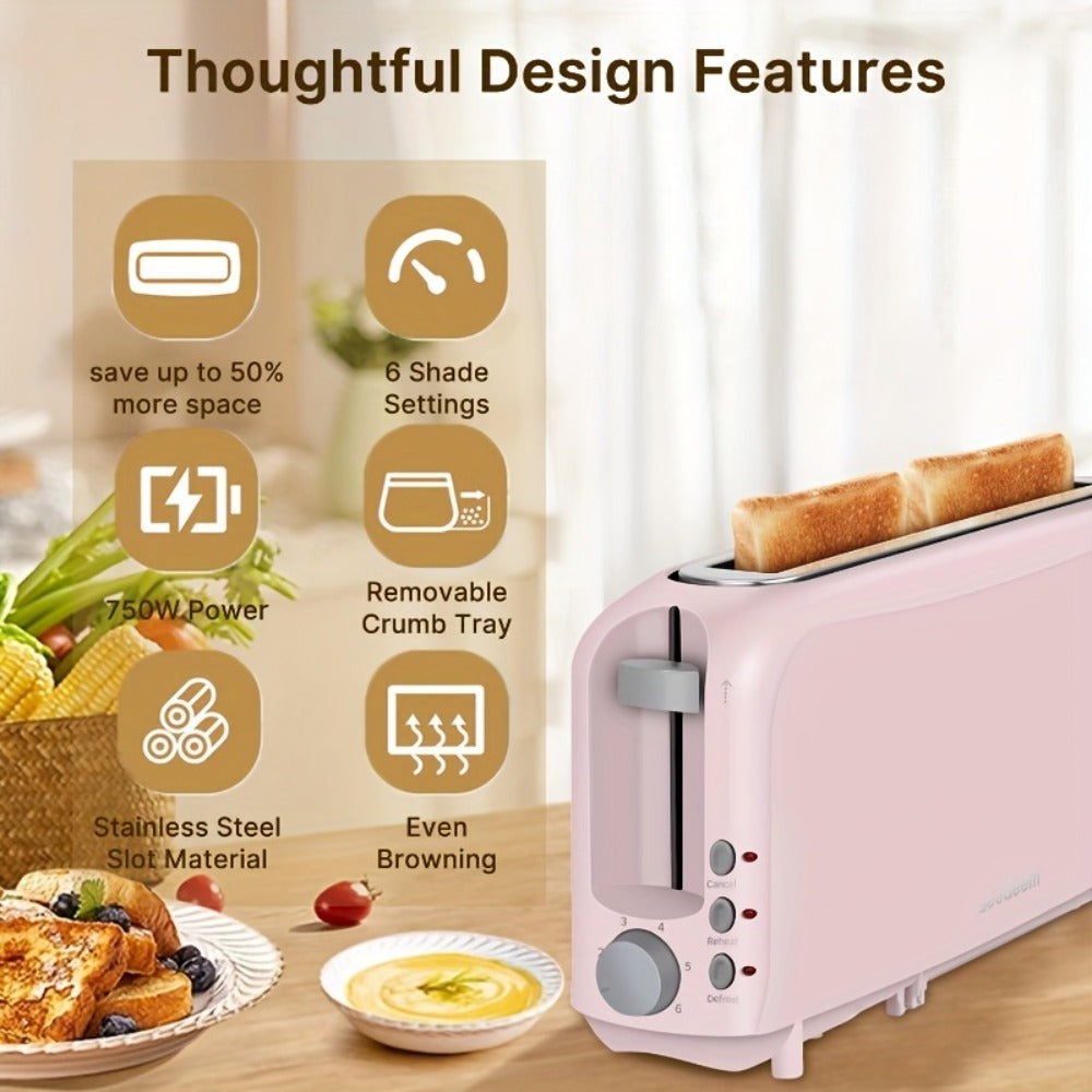 2-Slice Toaster Slim Ultra-Thin Design ¨C 6 Browning Settings, 10¡± Long Slot, Reheat & Defrost Functions, Auto Shut-Off, Removable Crumb Tray, 6 Colors Available