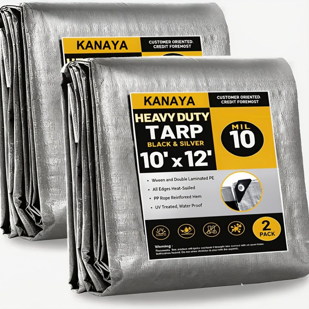 Heavy Duty Waterproof Tarp 2-Pack 10Mil 150GSM Black Silver ¨C Tear-Proof Polyethylene Cover with Reinforced Grommets for Roof Pool Boat Car Camping & Outdoor