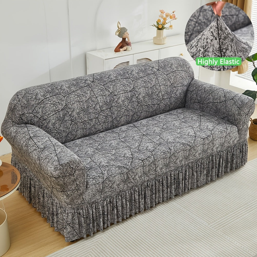 Printed Elastic Skirt Sofa Cover Modern Hem Design Stretch Sofa Slipcover Protective Furniture Cover for Living Room Single 2 3 4 Seater Machine Washable