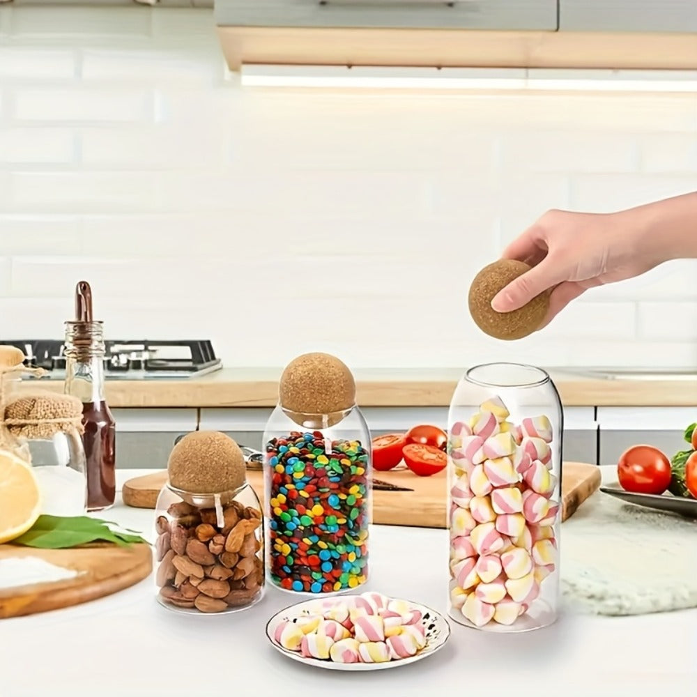 Glass Storage Jars with Cork Lid Set of 3 | 17oz 500ml Airtight Glass Containers with Spherical Cork Stopper | Kitchen Organizer for Tea Nuts Candy Spices Dried Flowers