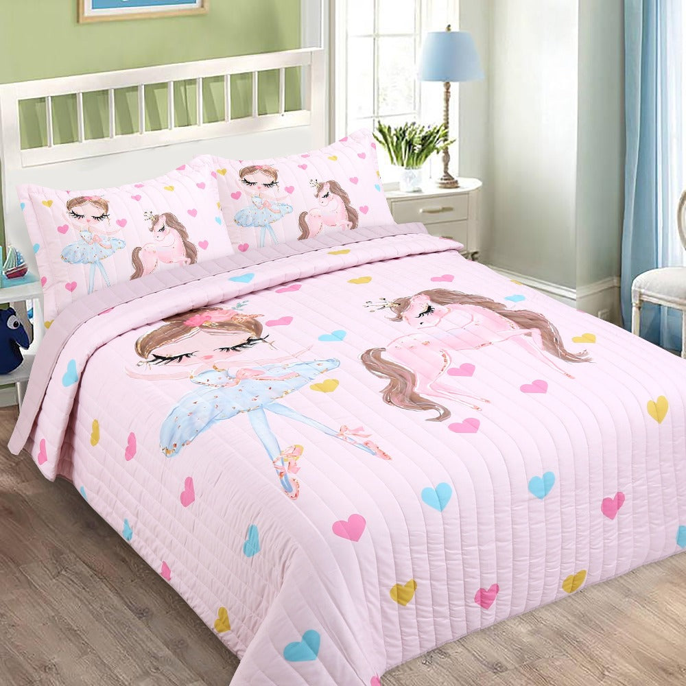 Kids Bedspread Set 3 Piece Pink Princess Pony Print Soft Comfortable Bedspread with 2 Pillowcases Girls Bedroom Decor Christmas Halloween Gift Core Not Included