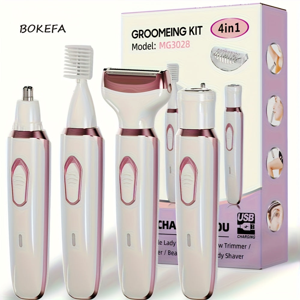 Women's Electric Razor 4-in-1 Painless Grooming Kit Wet Dry Rechargeable Trimmer for Face Nose Legs Underarm Bikini Portable Hair Removal Tool for Women