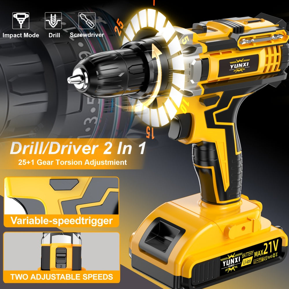 Cordless Impact Drill Set 21V - Wireless Power Drill with Battery & Quick Charger, Multifunctional Tool Kit for Home Repair, DIY Projects & Family Use, Multiple Configurations Available (Gift for Men)