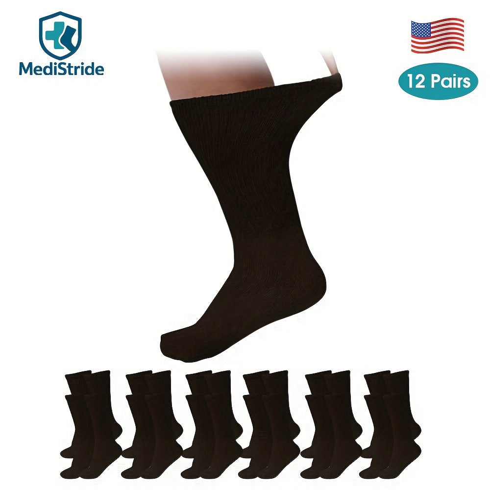 Cotton Diabetic Crew Socks 12 Pairs Non-Binding Neuropathy Loose Fit Seamless Cushioned Full Length for Men Women Edema Sensitive Feet White Black Brown Khaki Navy Grey