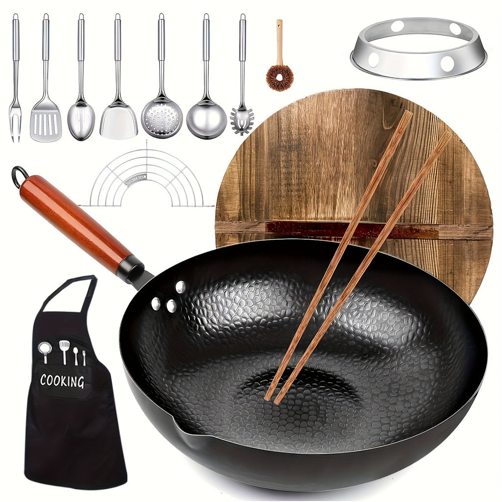 Cast Iron Wok Set 14 Piece 12.6 Inch Flat Bottom Stir Fry Pan with Lid Spatula Accessories - Natural Non-Stick Black Iron Wok for All Stoves Gas Electric Induction Honeycomb Design