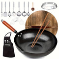 Cast Iron Wok Set 14 Piece 12.6 Inch Flat Bottom Stir Fry Pan with Lid Spatula Accessories - Natural Non-Stick Black Iron Wok for All Stoves Gas Electric Induction Honeycomb Design