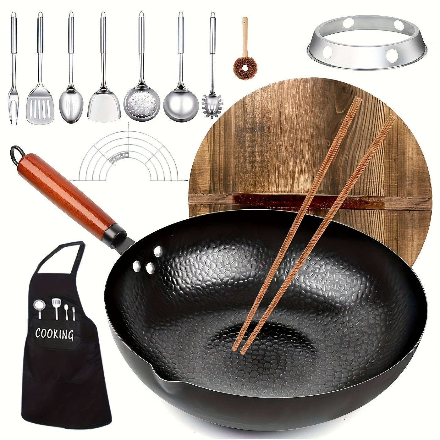 Cast Iron Wok Set 14 Piece 12.6 Inch Flat Bottom Stir Fry Pan with Lid Spatula Accessories - Natural Non-Stick Black Iron Wok for All Stoves Gas Electric Induction Honeycomb Design