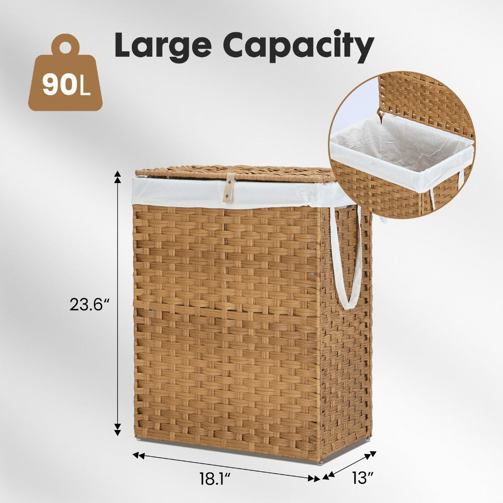 Laundry Hamper with Lid Large Capacity Woven Rattan Storage Basket, Collapsible Clothes Hamper with Handles & Removable Liner, Foldable Breathable Wicker Basket for Bedroom Home Dorm, 2 Sizes