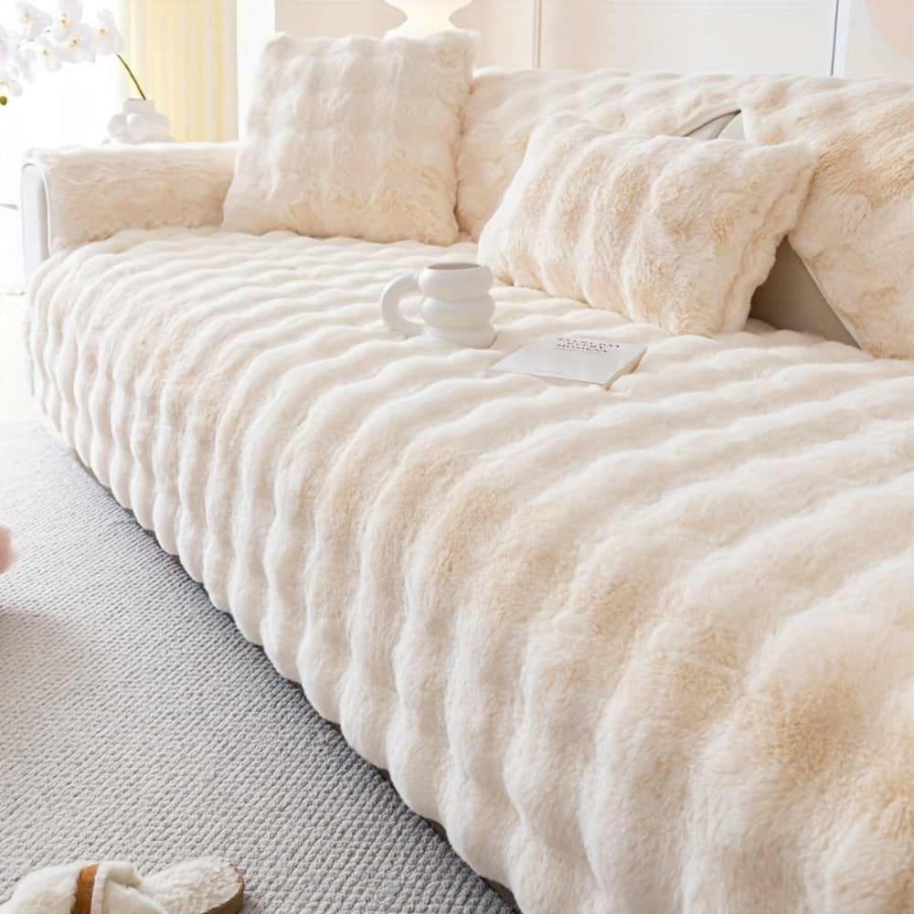 Faux Rabbit Plush Sofa Cover Winter Warm Thickened Anti-Slip Pet Friendly Cushion Protector for Living Room Bedroom Office 1 2 3 4 Seater